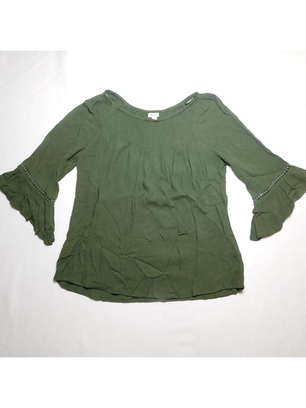 Westport Blouse Womens Medium M Olive Green Smoked Neck Crochet Ruffle Bell Sle